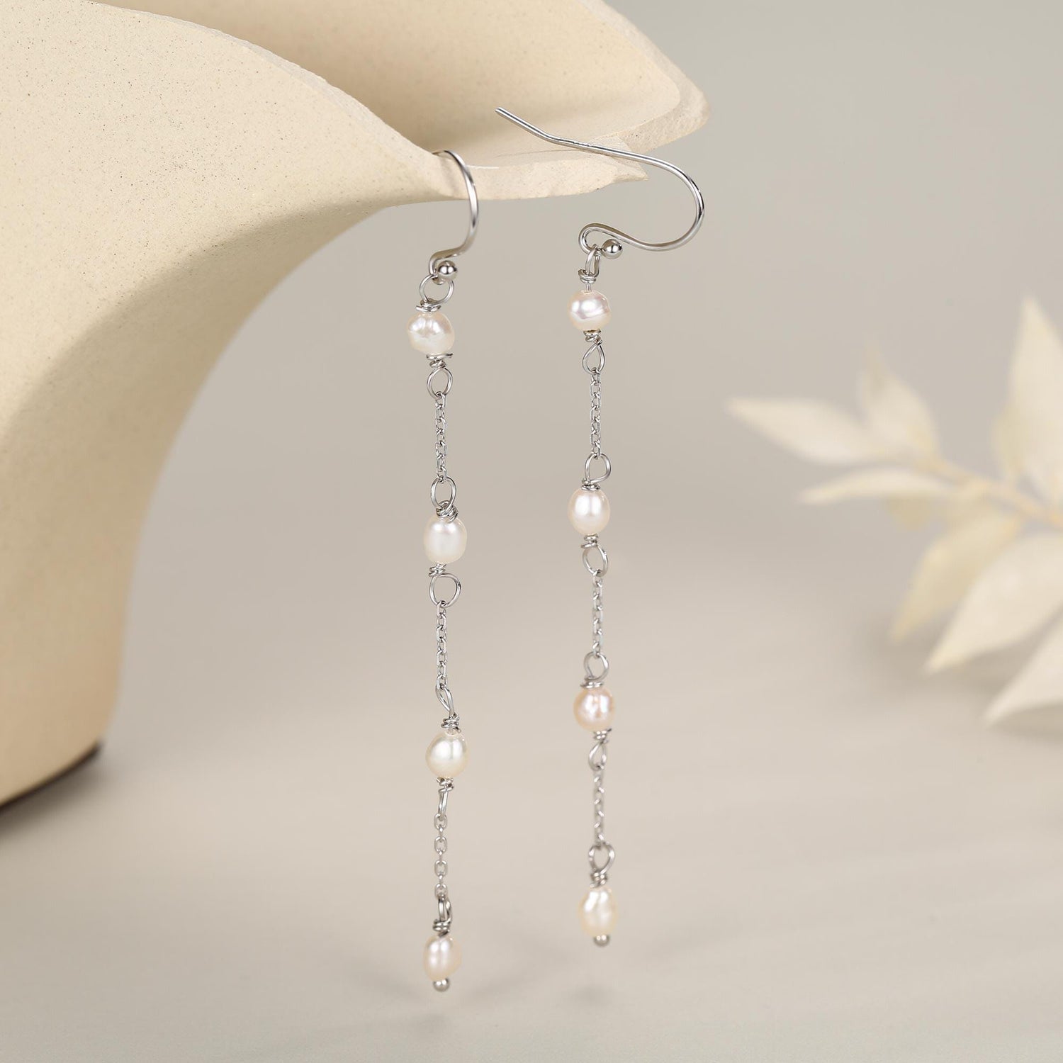Oval Freshwater Pearl Long Drop Hook Earrings in Sterling Silver