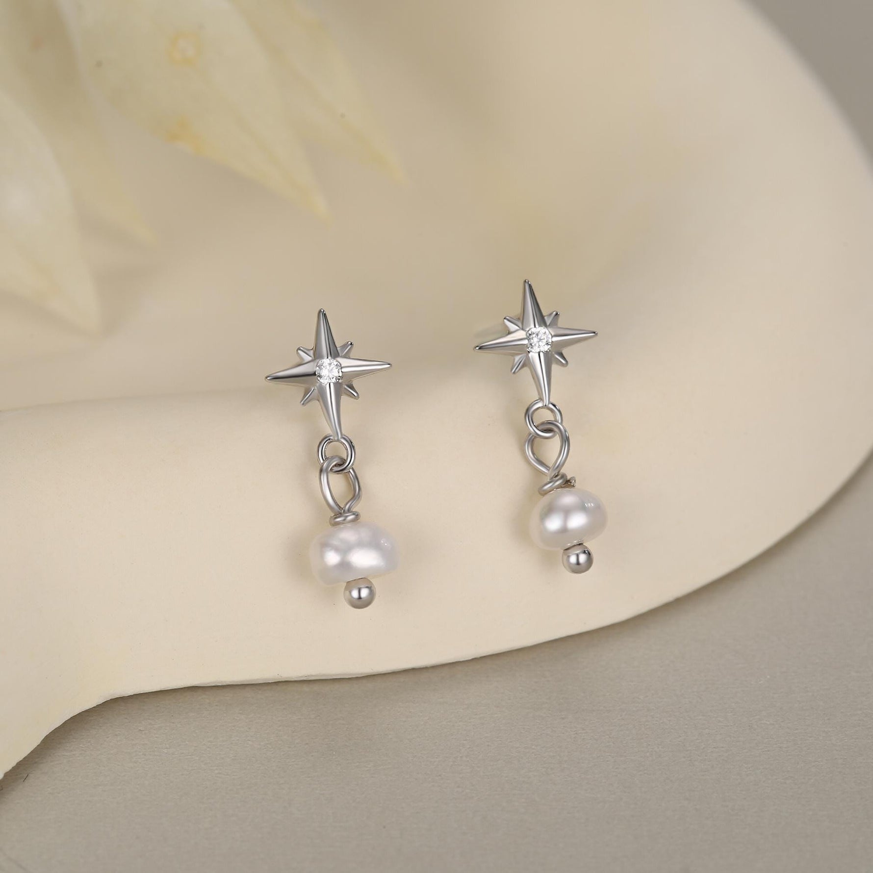 Starburst and Tiny Dangle Pearl Stud Earrings in Sterling Silver, Silver, Gold or Rose Gold, Star Earrings, Sunburst Earrings, Celestial