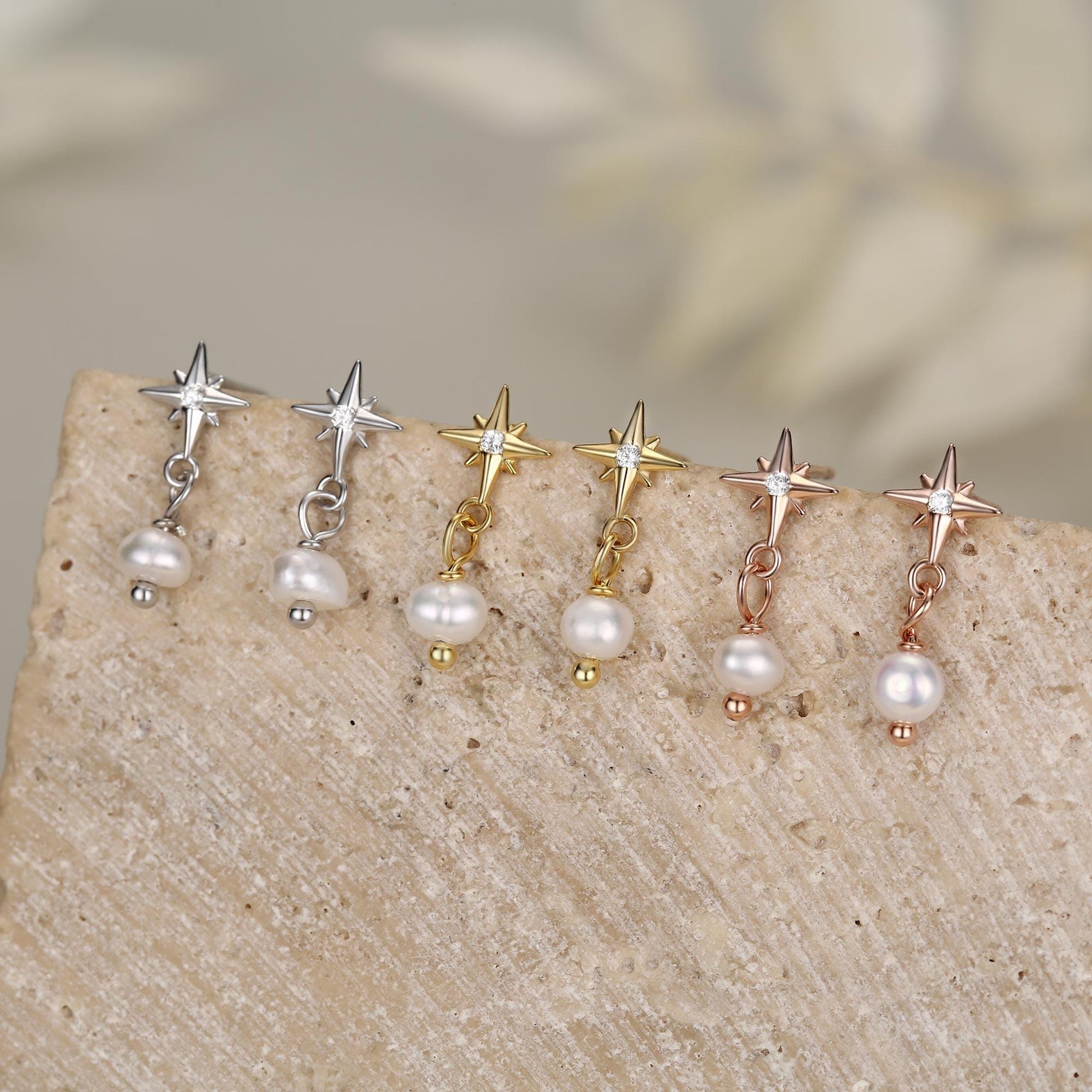 Starburst and Tiny Dangle Pearl Stud Earrings in Sterling Silver, Silver, Gold or Rose Gold, Star Earrings, Sunburst Earrings, Celestial