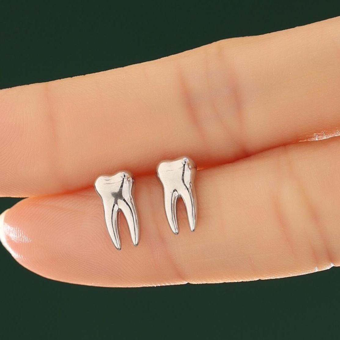 Teeth Earrings in Sterling Silver, Molar Stud Earrings, Silver or Gold, Silver Tooth Stud Earrings, Cute and Quirky Earrings
