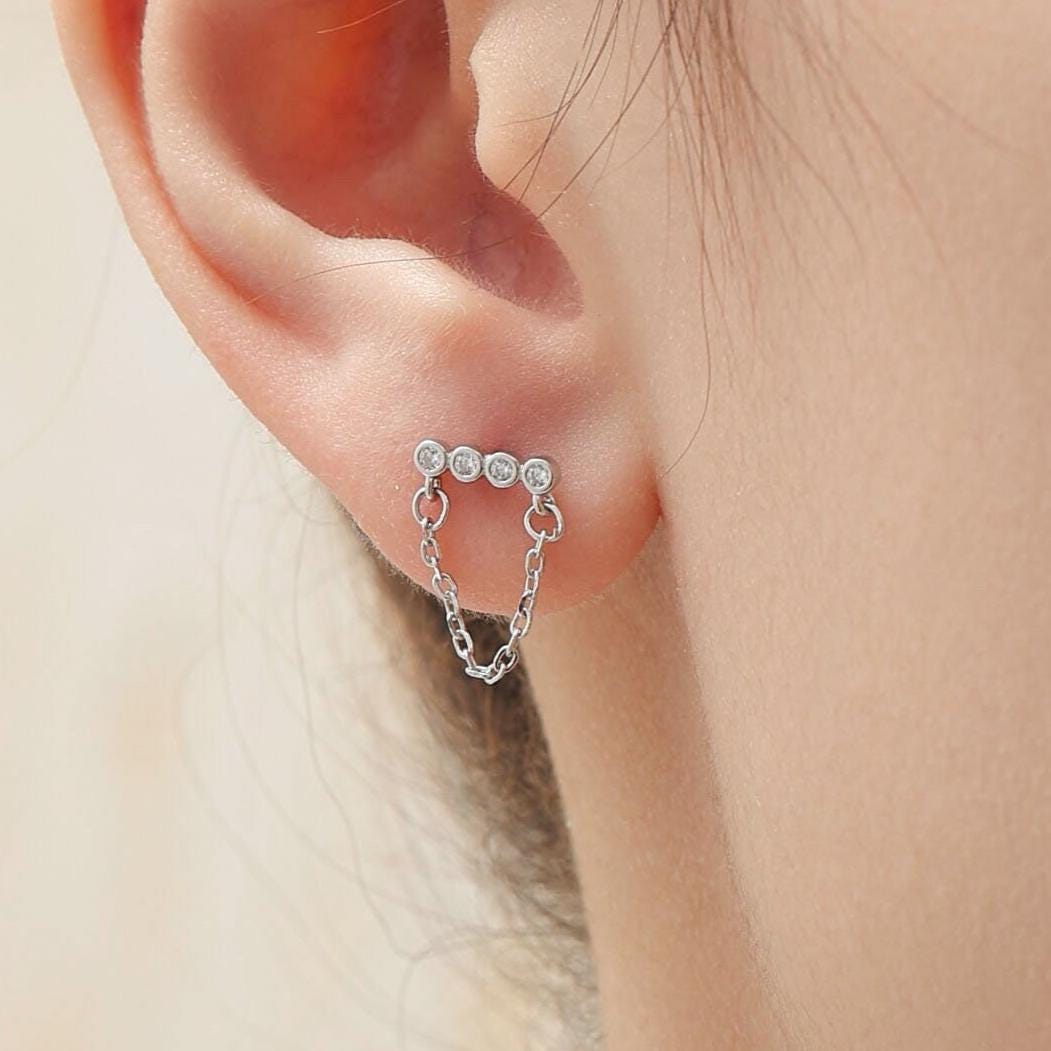 CZ Horizontal Bar Chained Stud Earrings in Sterling Silver, Silver, Gold or Rose Gold, Dangle Chain Earrings, Single Piercing