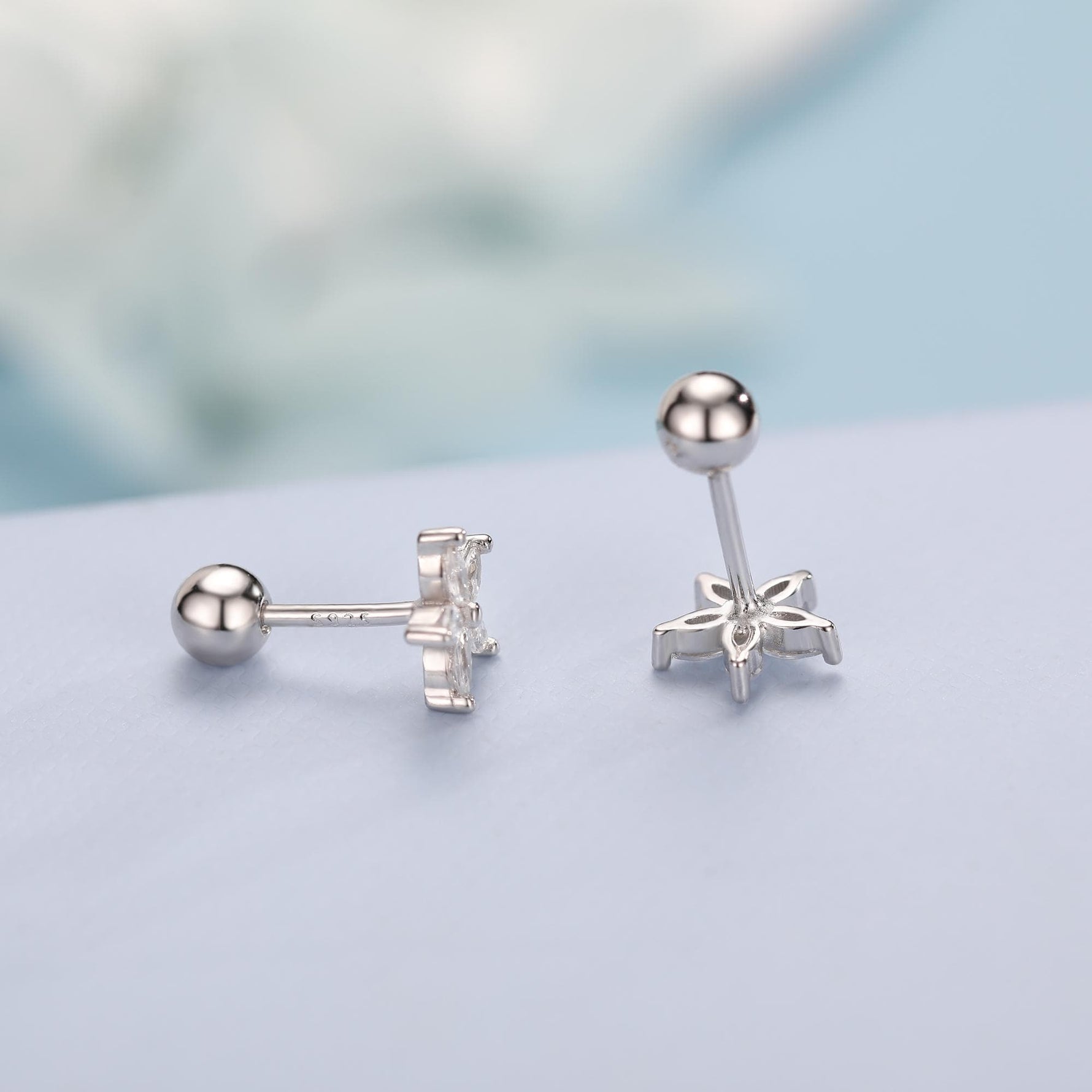 Sterling Silver CZ Flower Barbell Earrings, Marquise CZ Screw Back Earrings, Stacking Earrings