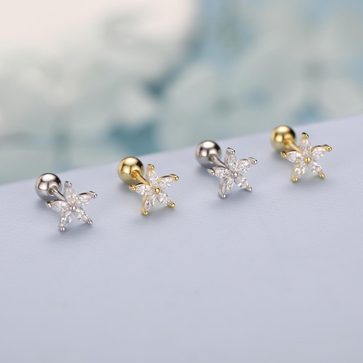 Sterling Silver CZ Flower Barbell Earrings, Marquise CZ Screw Back Earrings, Stacking Earrings