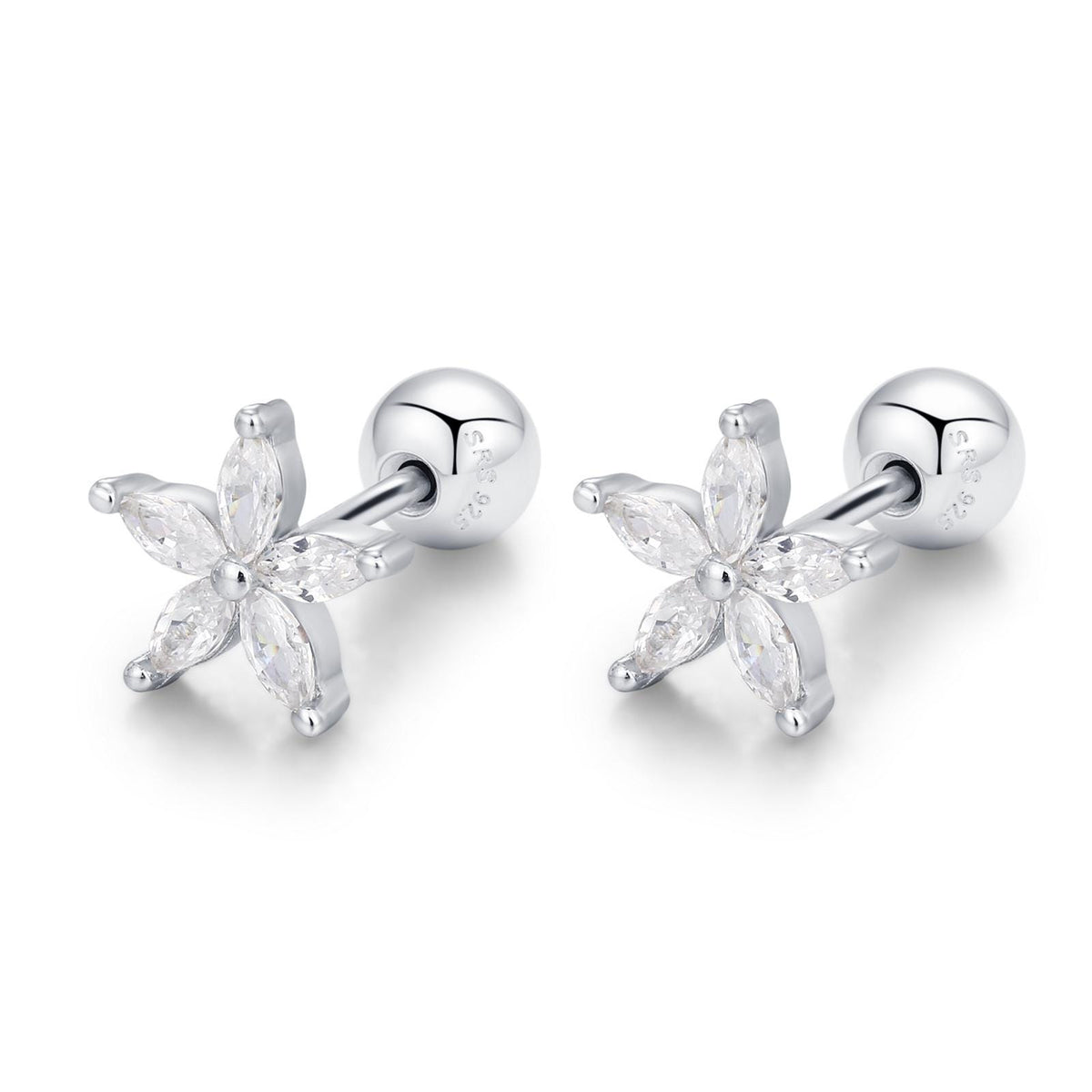 Sterling Silver CZ Flower Barbell Earrings, Marquise CZ Screw Back Earrings, Stacking Earrings