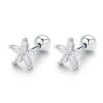 Sterling Silver CZ Flower Barbell Earrings, Marquise CZ Screw Back Earrings, Stacking Earrings