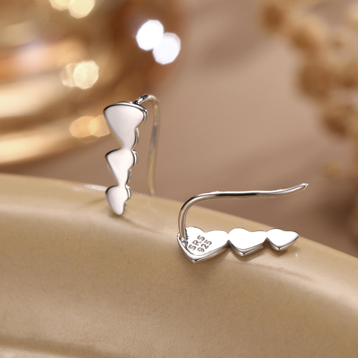 Heart Crawler Earrings in Sterling Silver, Silver, Gold or Rose Gold, Three Hearts Climber Earrings, Ear Climbers