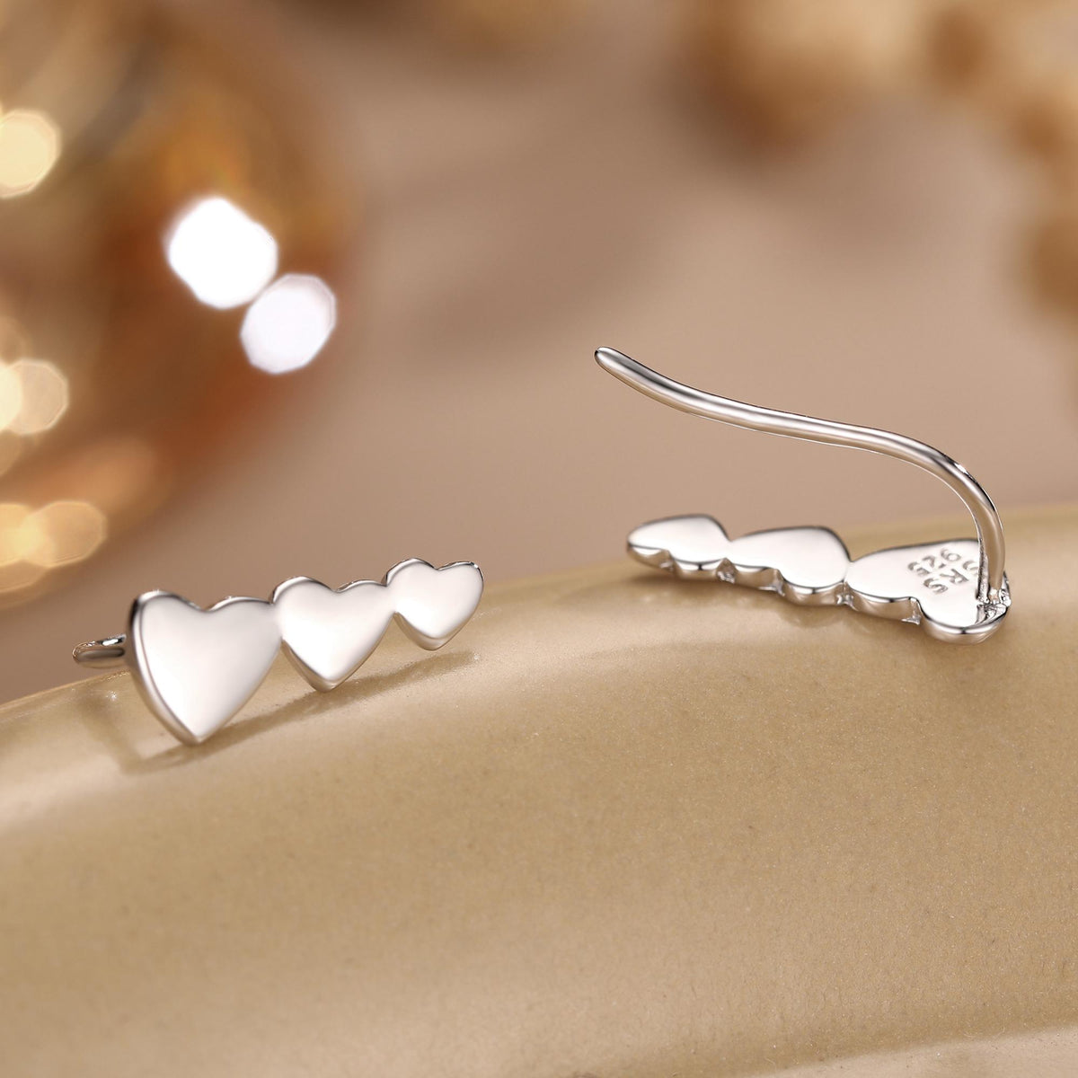 Heart Crawler Earrings in Sterling Silver, Silver, Gold or Rose Gold, Three Hearts Climber Earrings, Ear Climbers