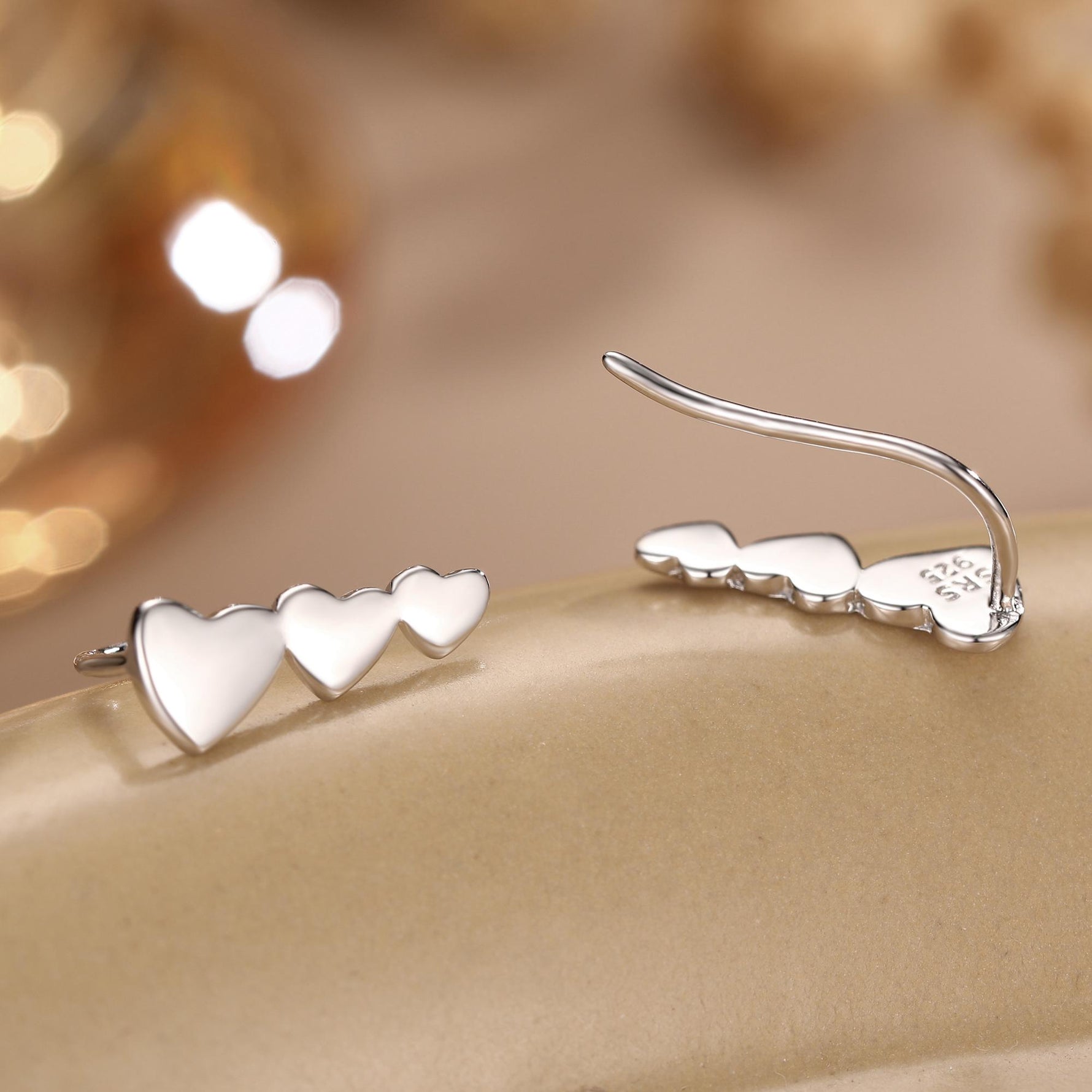 Heart Crawler Earrings in Sterling Silver, Silver, Gold or Rose Gold, Three Hearts Climber Earrings, Ear Climbers