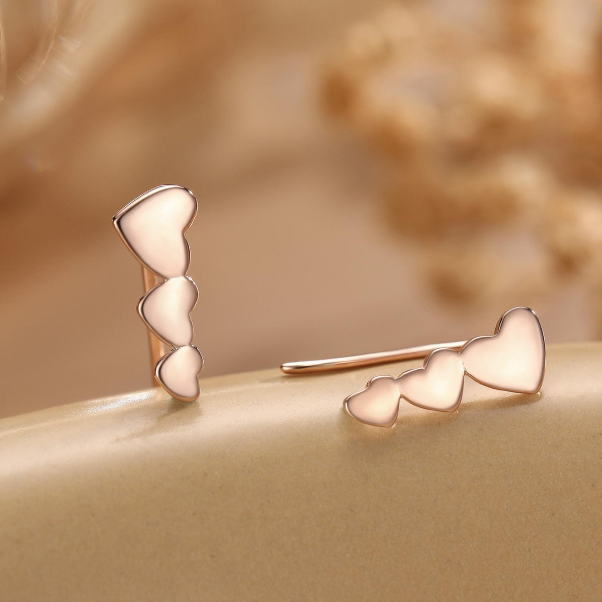Heart Crawler Earrings in Sterling Silver, Silver, Gold or Rose Gold, Three Hearts Climber Earrings, Ear Climbers