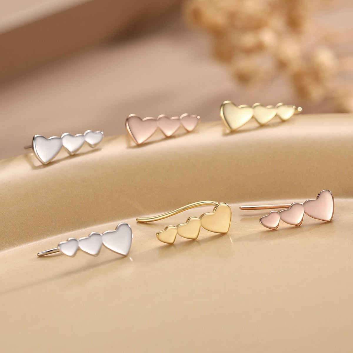 Heart Crawler Earrings in Sterling Silver, Silver, Gold or Rose Gold, Three Hearts Climber Earrings, Ear Climbers