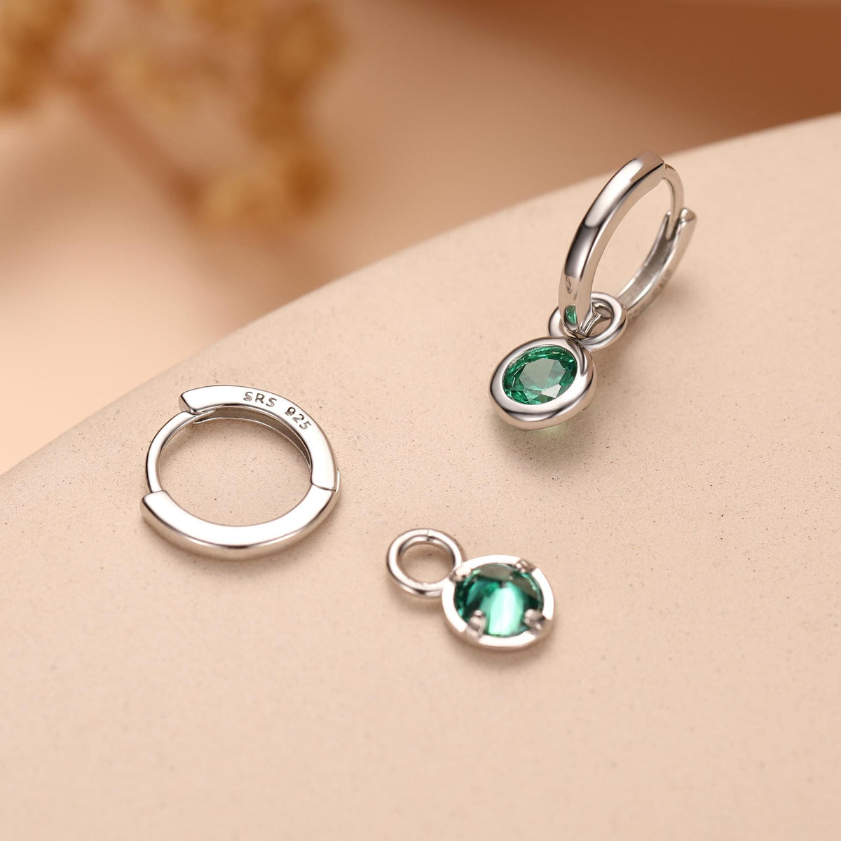 May Birthstone Emerald Green Crystal Drop Hoop Earrings in Sterling Silver, Detachable Dangle Earrings, Silver, Gold, Rose Gold