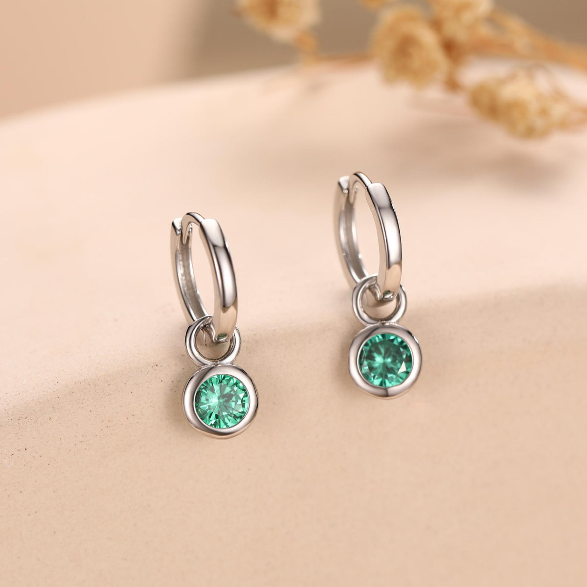 May Birthstone Emerald Green Crystal Drop Hoop Earrings in Sterling Silver, Detachable Dangle Earrings, Silver, Gold, Rose Gold