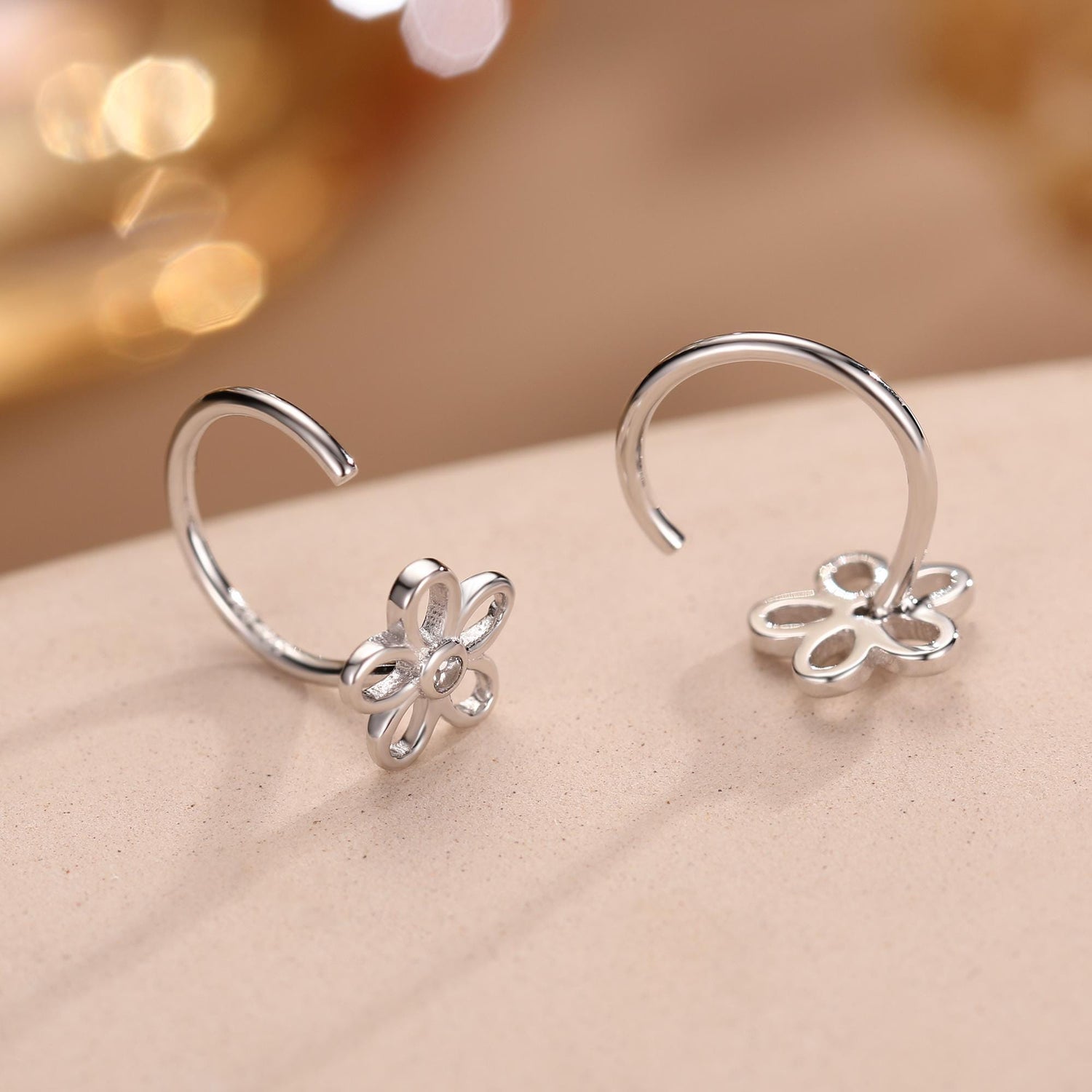 Forget me not Flower Huggie Hoop Earrings in Sterling Silver, Curved Post Earrings, Open Hoops, Pull-Through Threader Earrings,
