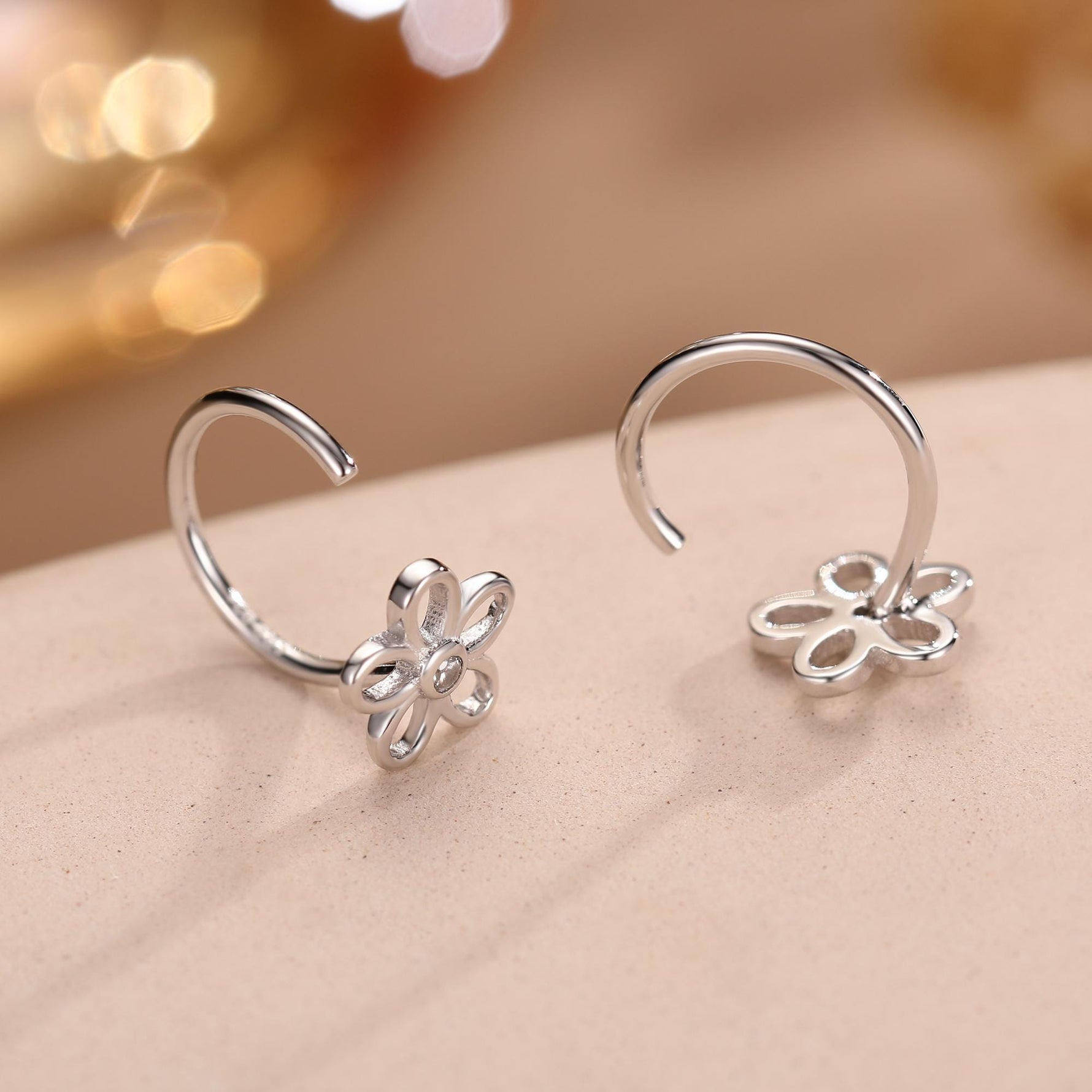 Forget me not Flower Huggie Hoop Earrings in Sterling Silver, Curved Post Earrings, Open Hoops, Pull-Through Threader Earrings,
