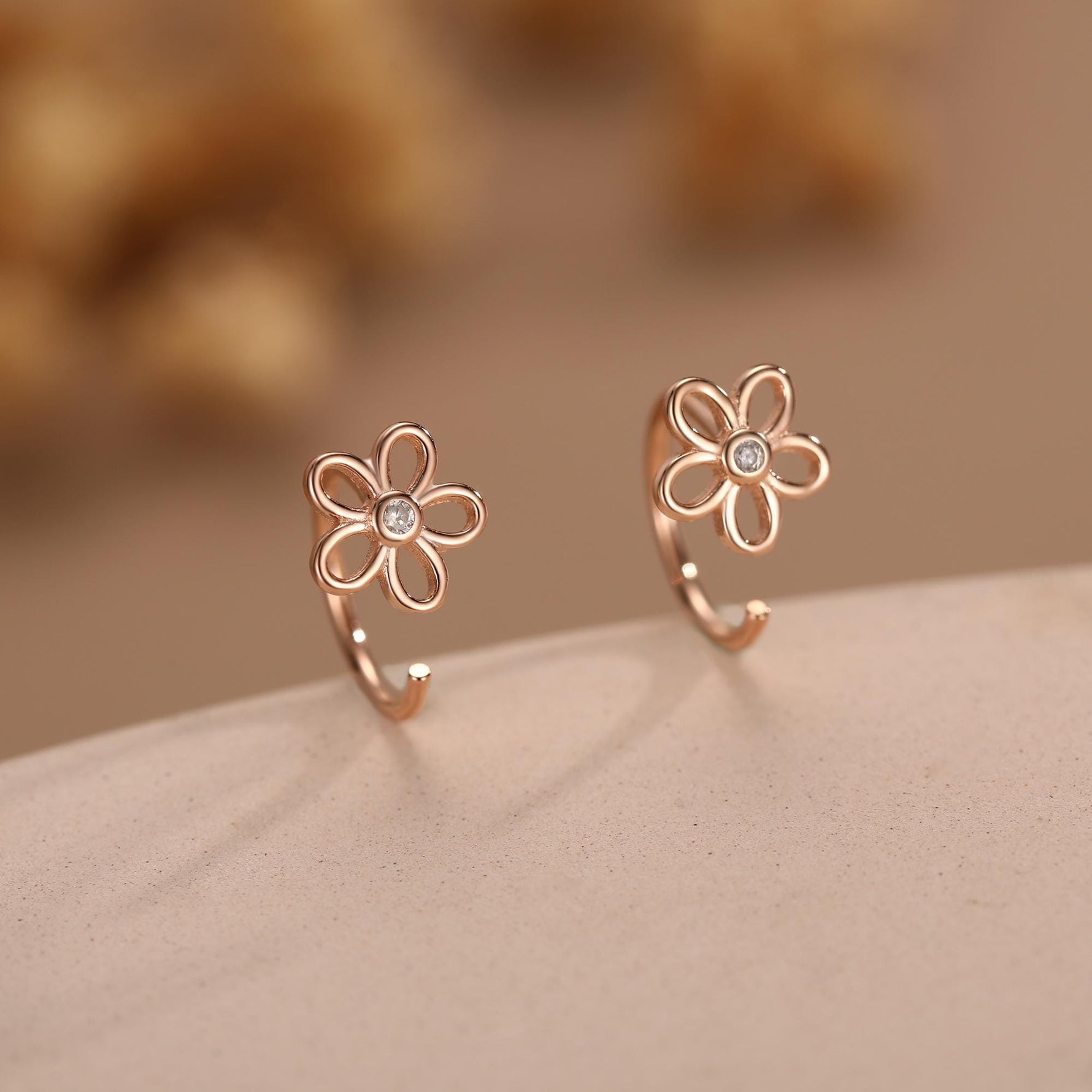 Forget me not Flower Huggie Hoop Earrings in Sterling Silver, Curved Post Earrings, Open Hoops, Pull-Through Threader Earrings,