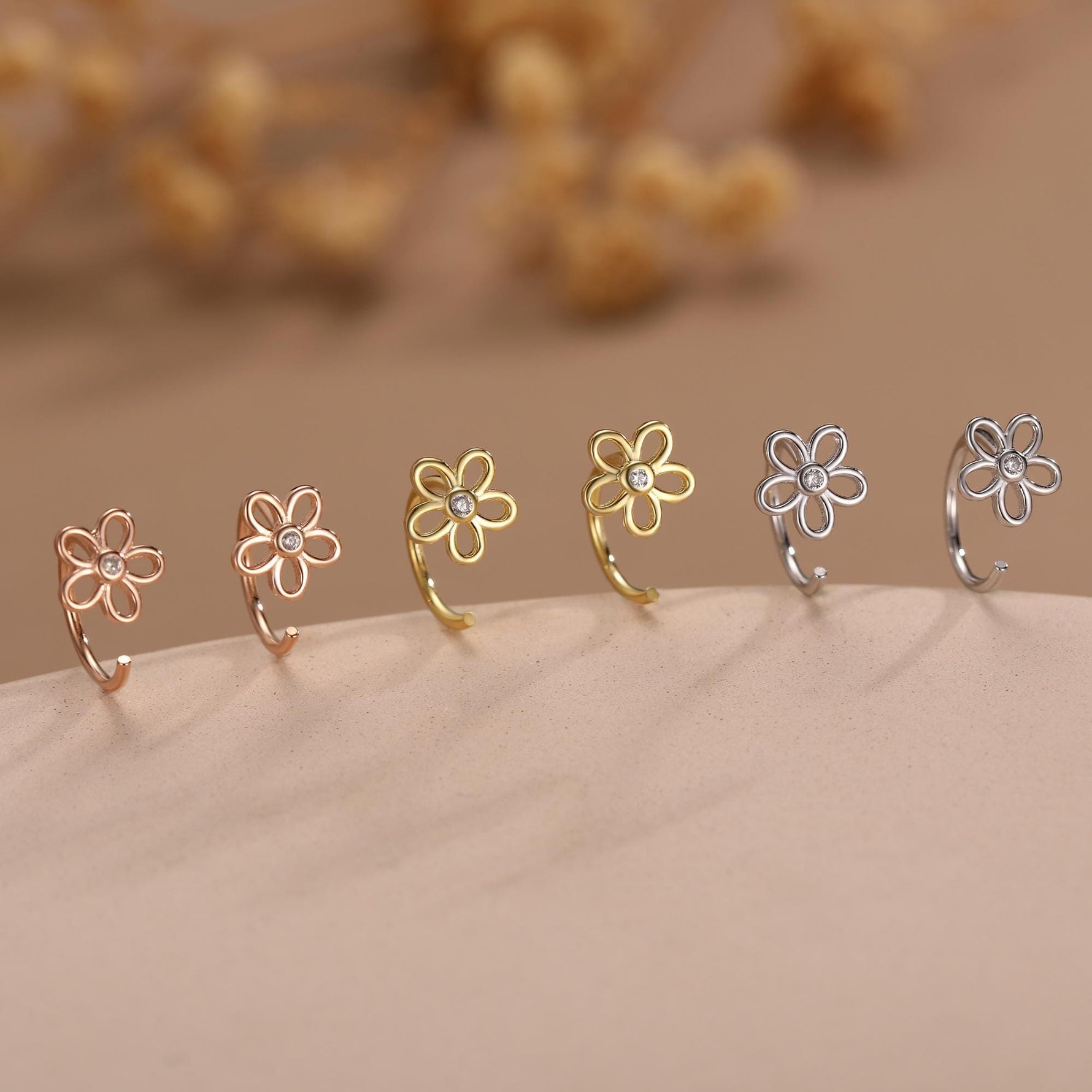 Forget me not Flower Huggie Hoop Earrings in Sterling Silver, Curved Post Earrings, Open Hoops, Pull-Through Threader Earrings,