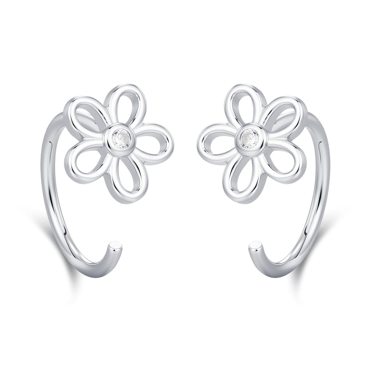 Forget me not Flower Huggie Hoop Earrings in Sterling Silver, Curved Post Earrings, Open Hoops, Pull-Through Threader Earrings,