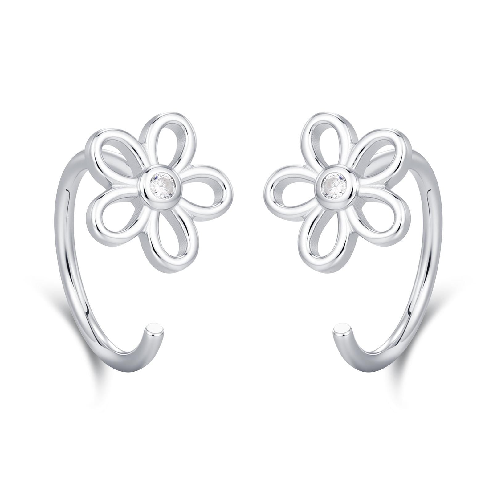 Forget me not Flower Huggie Hoop Earrings in Sterling Silver, Curved Post Earrings, Open Hoops, Pull-Through Threader Earrings,