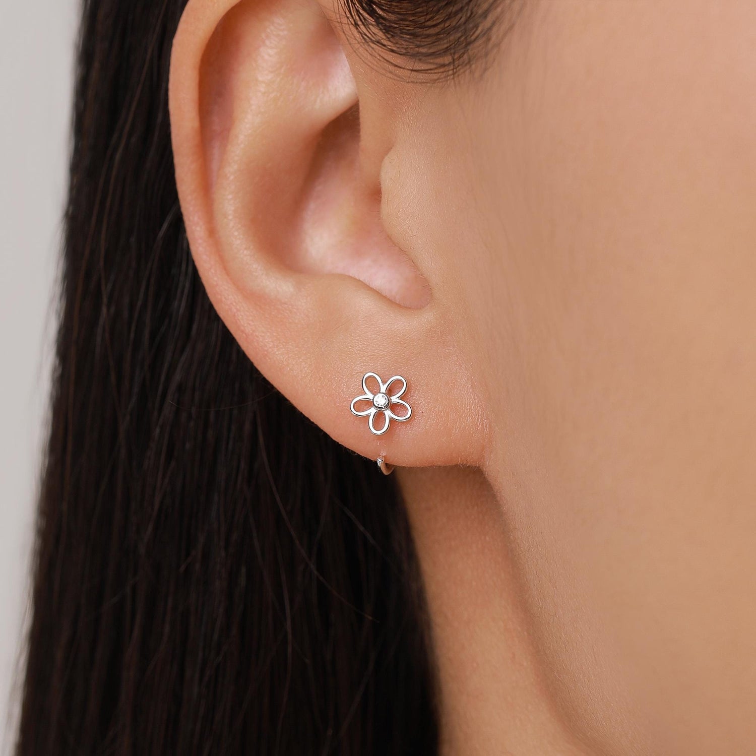 Forget me not Flower Huggie Hoop Earrings in Sterling Silver, Curved Post Earrings, Open Hoops, Pull-Through Threader Earrings,