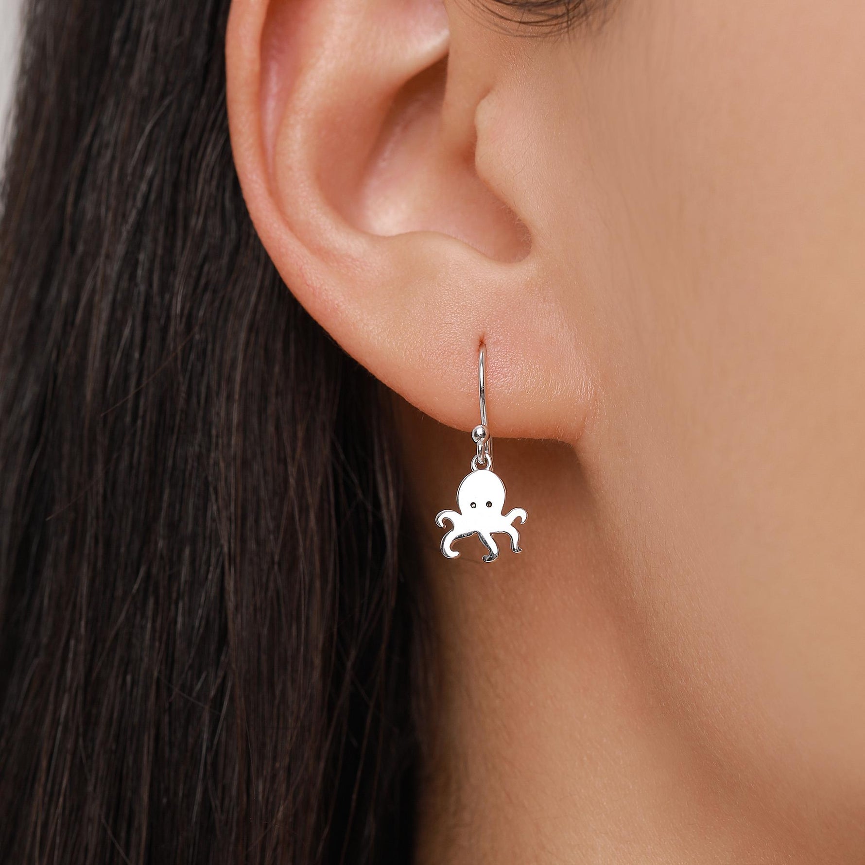 Octopus Drop Hook Earrings in Sterling Silver, Octopus Dangle Earrings, Fish Earrings, Ocean Nautical Earrings