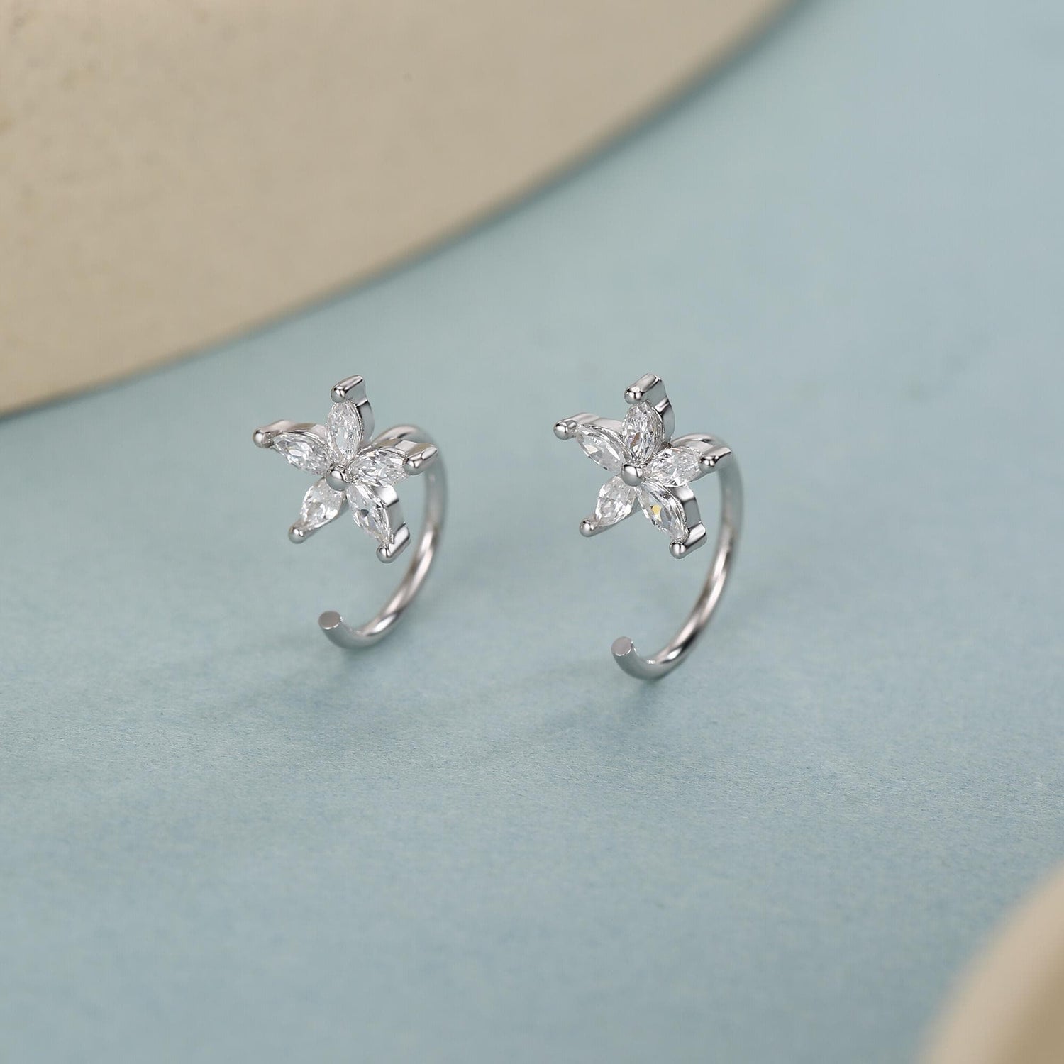 CZ Forget-me-not Flower Huggie Hoop Earrings in Sterling Silver, Gold or Silver, Marquise CZ Flower Threader Hoop Earrings, Pull Through