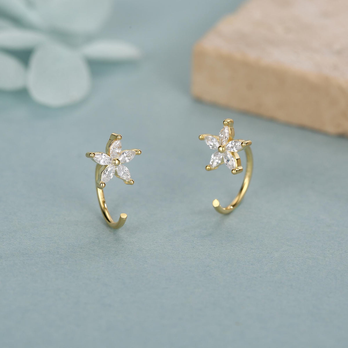 CZ Forget-me-not Flower Huggie Hoop Earrings in Sterling Silver, Gold or Silver, Marquise CZ Flower Threader Hoop Earrings, Pull Through