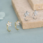 CZ Forget-me-not Flower Huggie Hoop Earrings in Sterling Silver, Gold or Silver, Marquise CZ Flower Threader Hoop Earrings, Pull Through