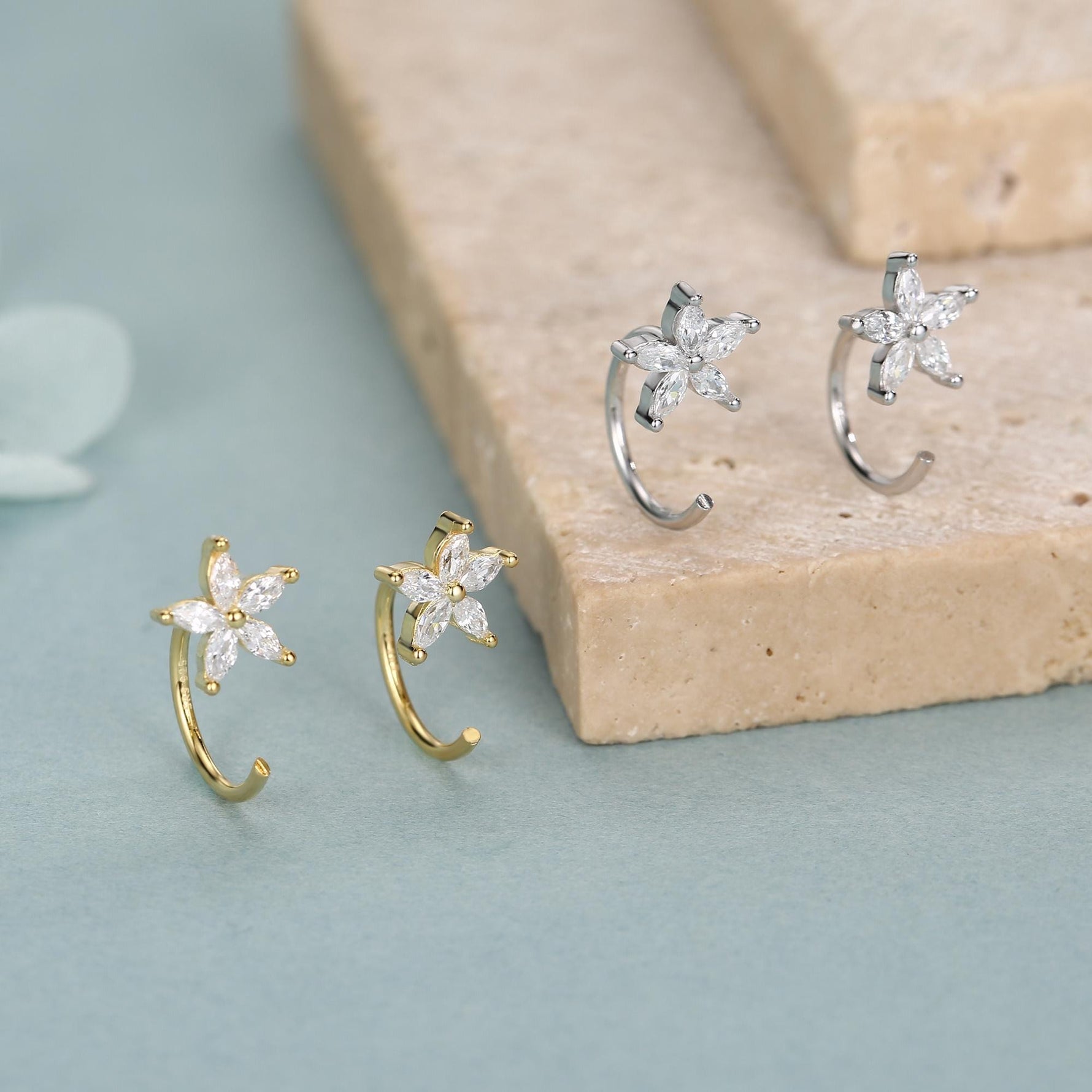 CZ Forget-me-not Flower Huggie Hoop Earrings in Sterling Silver, Gold or Silver, Marquise CZ Flower Threader Hoop Earrings, Pull Through
