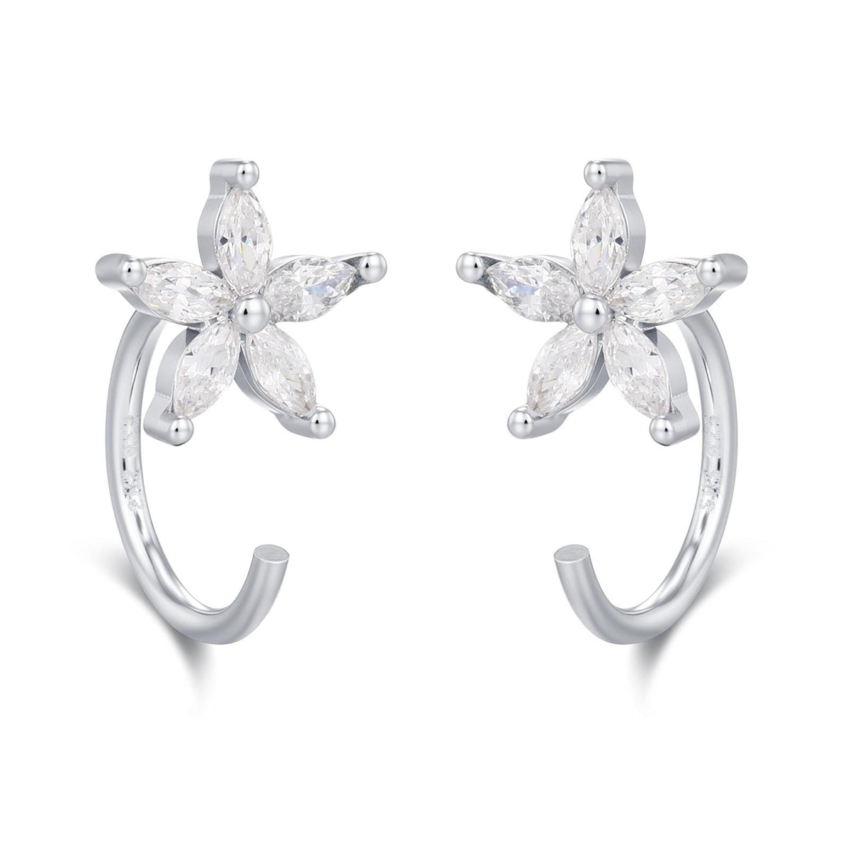 CZ Forget-me-not Flower Huggie Hoop Earrings in Sterling Silver, Gold or Silver, Marquise CZ Flower Threader Hoop Earrings, Pull Through