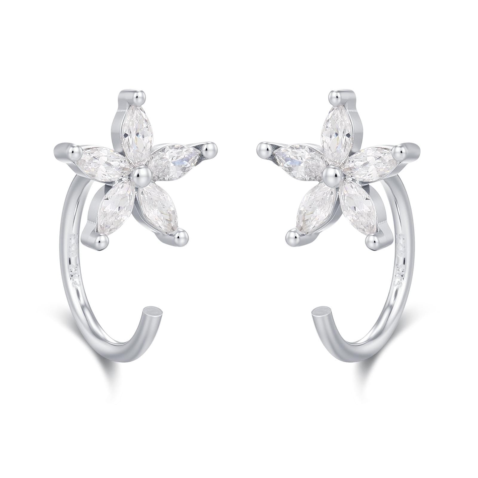 CZ Forget-me-not Flower Huggie Hoop Earrings in Sterling Silver, Gold or Silver, Marquise CZ Flower Threader Hoop Earrings, Pull Through