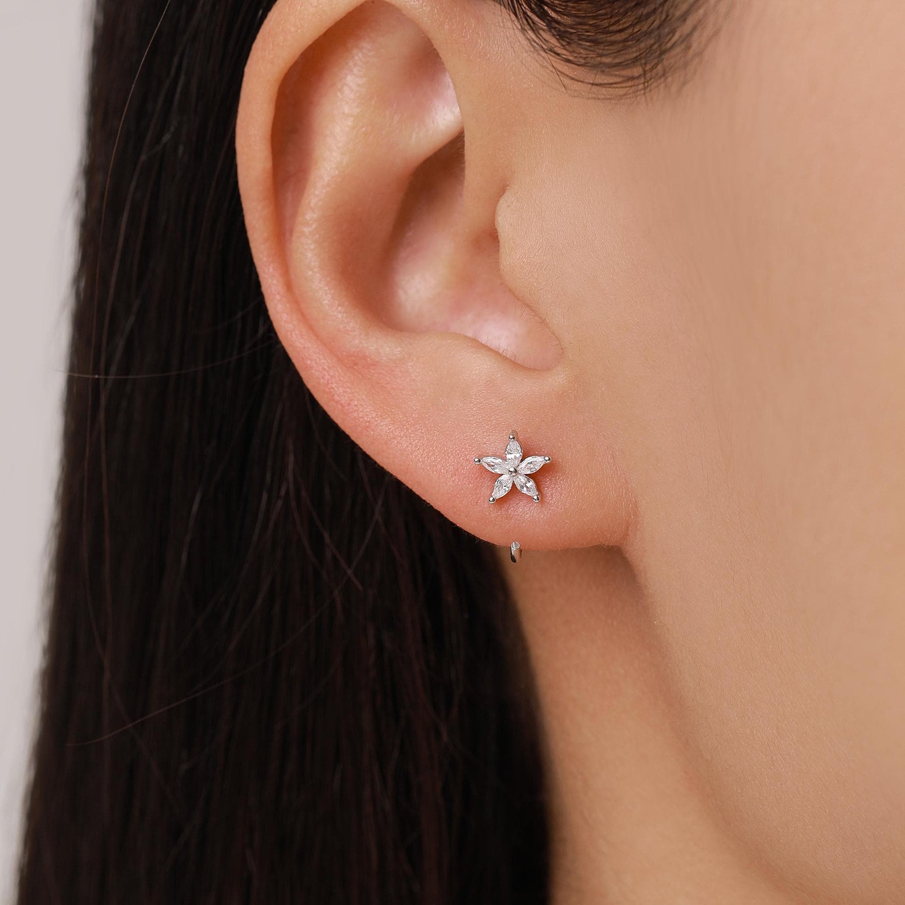 CZ Forget-me-not Flower Huggie Hoop Earrings in Sterling Silver, Gold or Silver, Marquise CZ Flower Threader Hoop Earrings, Pull Through