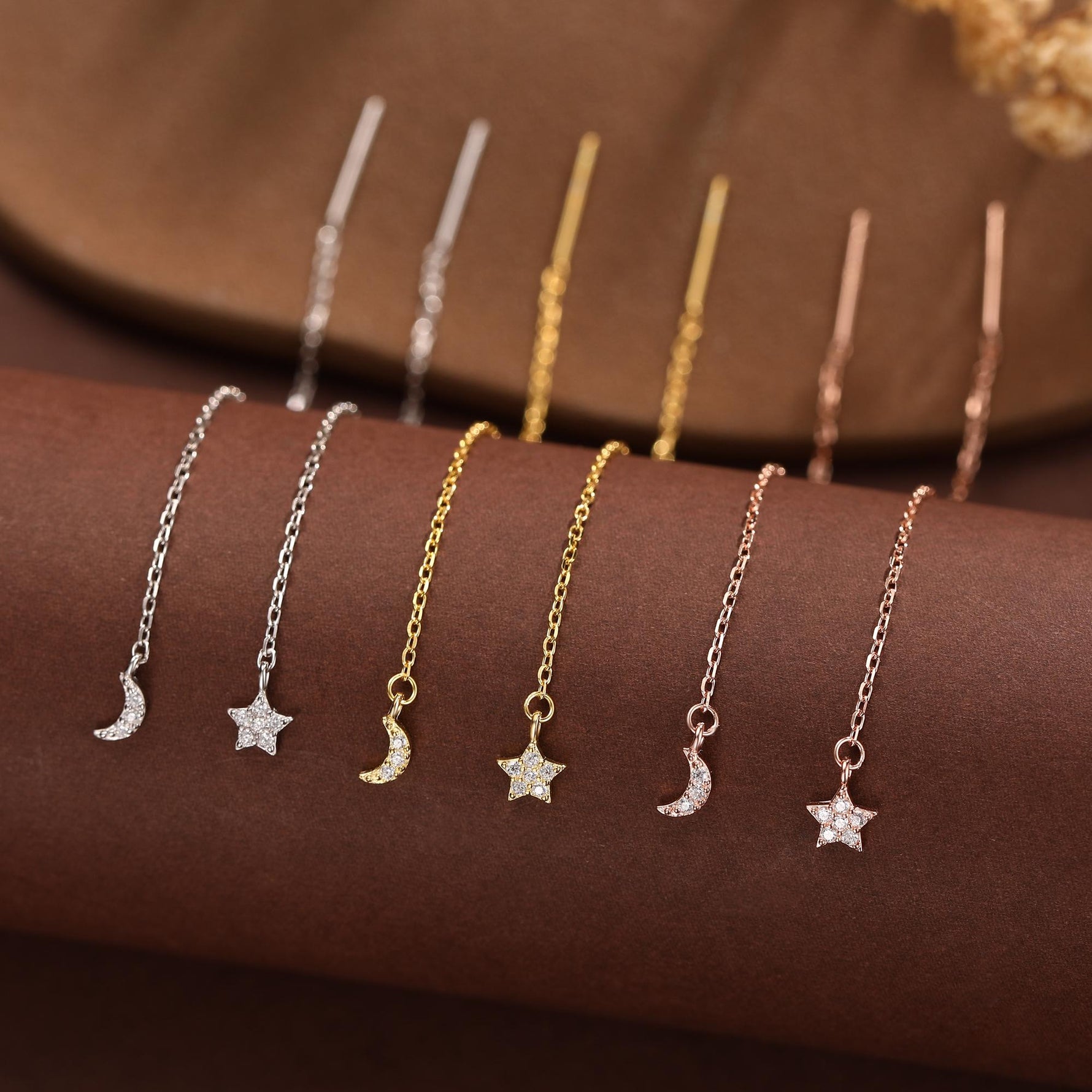 Asymmetric Tiny Moon and Star CZ Threader Earrings in Sterling Silver, Silver, Gold or Rose Gold, Moon and Star Ear Threaders