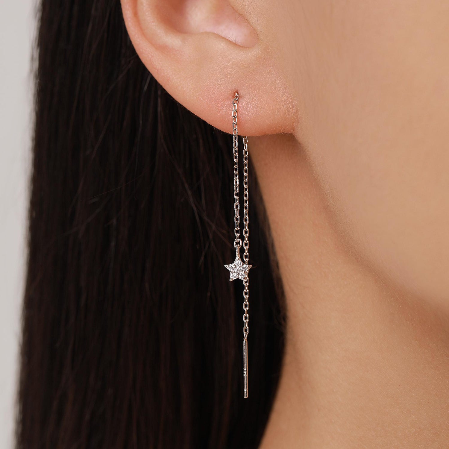 Asymmetric Tiny Moon and Star CZ Threader Earrings in Sterling Silver, Silver, Gold or Rose Gold, Moon and Star Ear Threaders