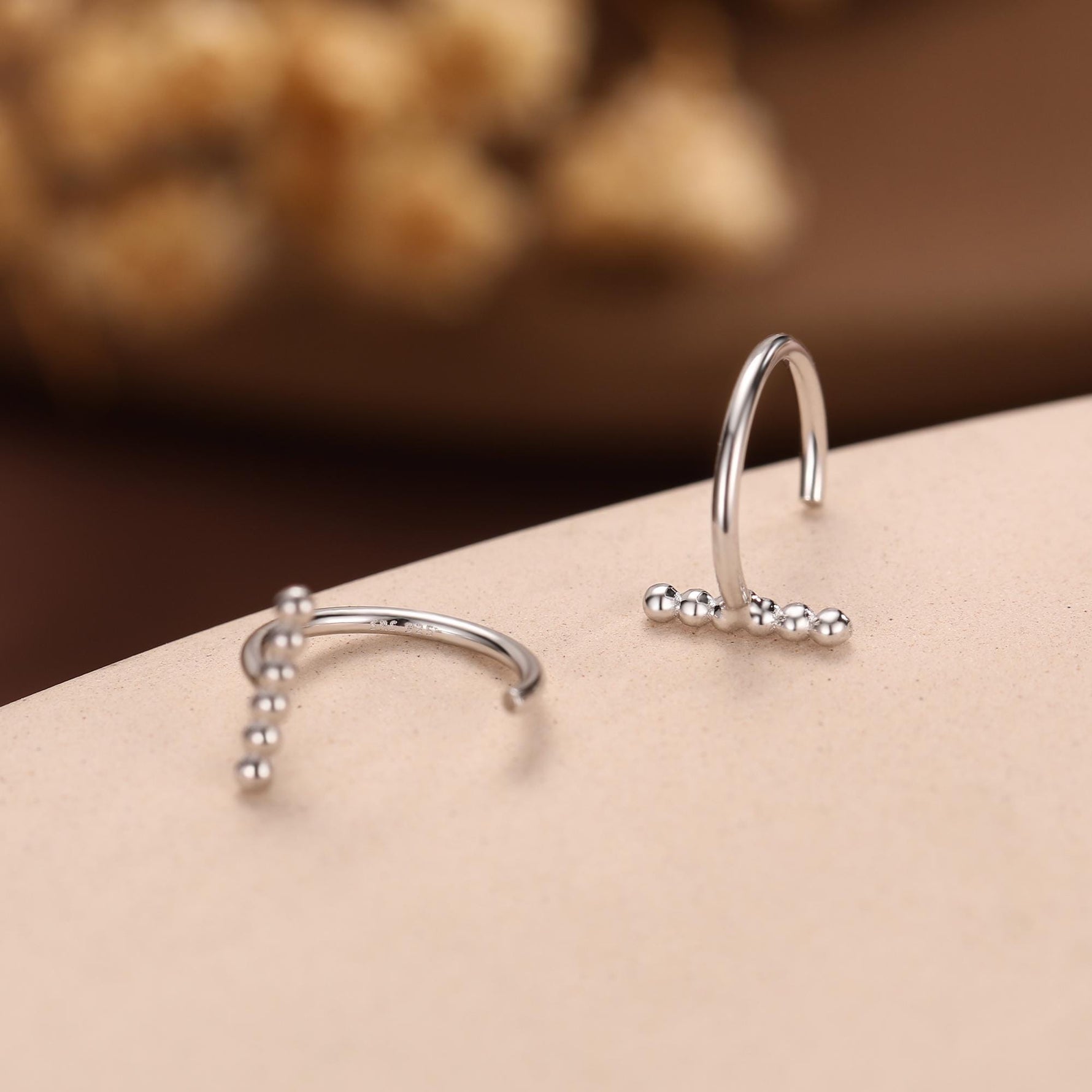 Beaded Bar Open Huggie Hoops in Sterling Silver, Pebble Bar Open Hoops, Bauble Bar Earrings, Silver or Gold or Rose Gold, Bar Earrings