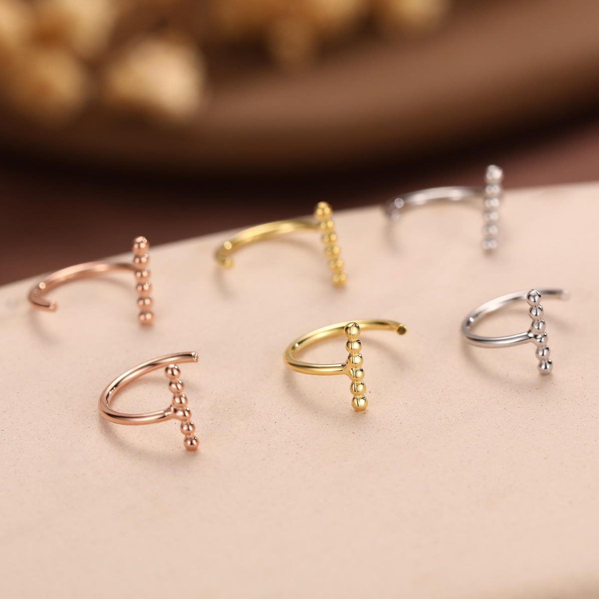 Beaded Bar Open Huggie Hoops in Sterling Silver, Pebble Bar Open Hoops, Bauble Bar Earrings, Silver or Gold or Rose Gold, Bar Earrings