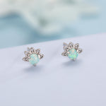 Sterling Silver Green Opal Crown Stud Earrings, Prong Set, Opal Earrings, Lab Opal Lotus Earrings, Minimalist