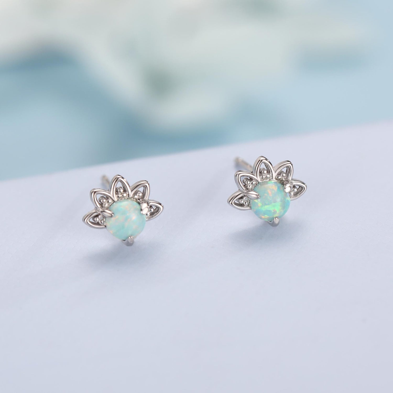 Sterling Silver Green Opal Crown Stud Earrings, Prong Set, Opal Earrings, Lab Opal Lotus Earrings, Minimalist