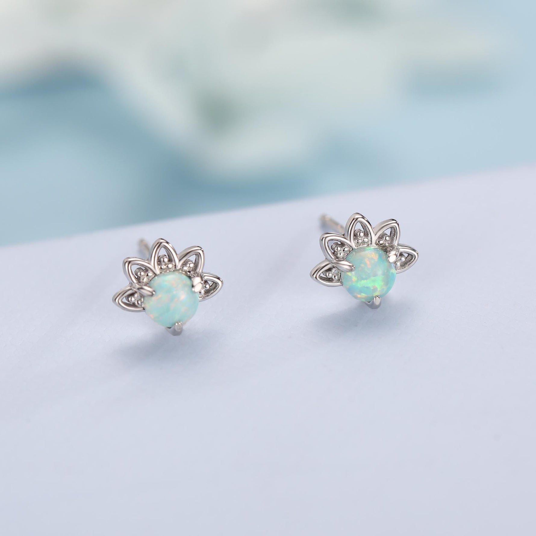 Sterling Silver Green Opal Crown Stud Earrings, Prong Set, Opal Earrings, Lab Opal Lotus Earrings, Minimalist