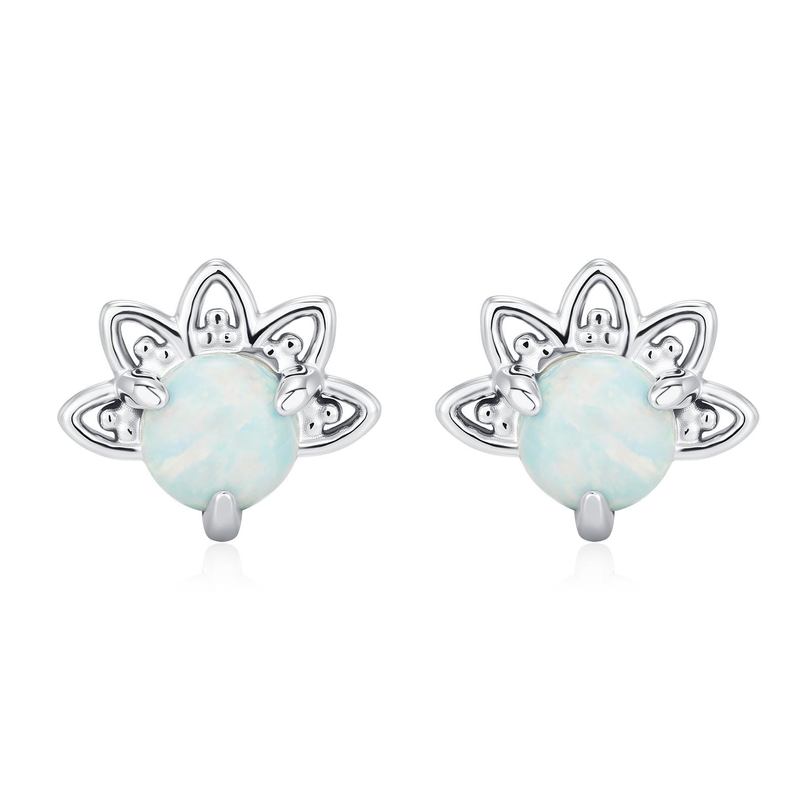 Sterling Silver Green Opal Crown Stud Earrings, Prong Set, Opal Earrings, Lab Opal Lotus Earrings, Minimalist