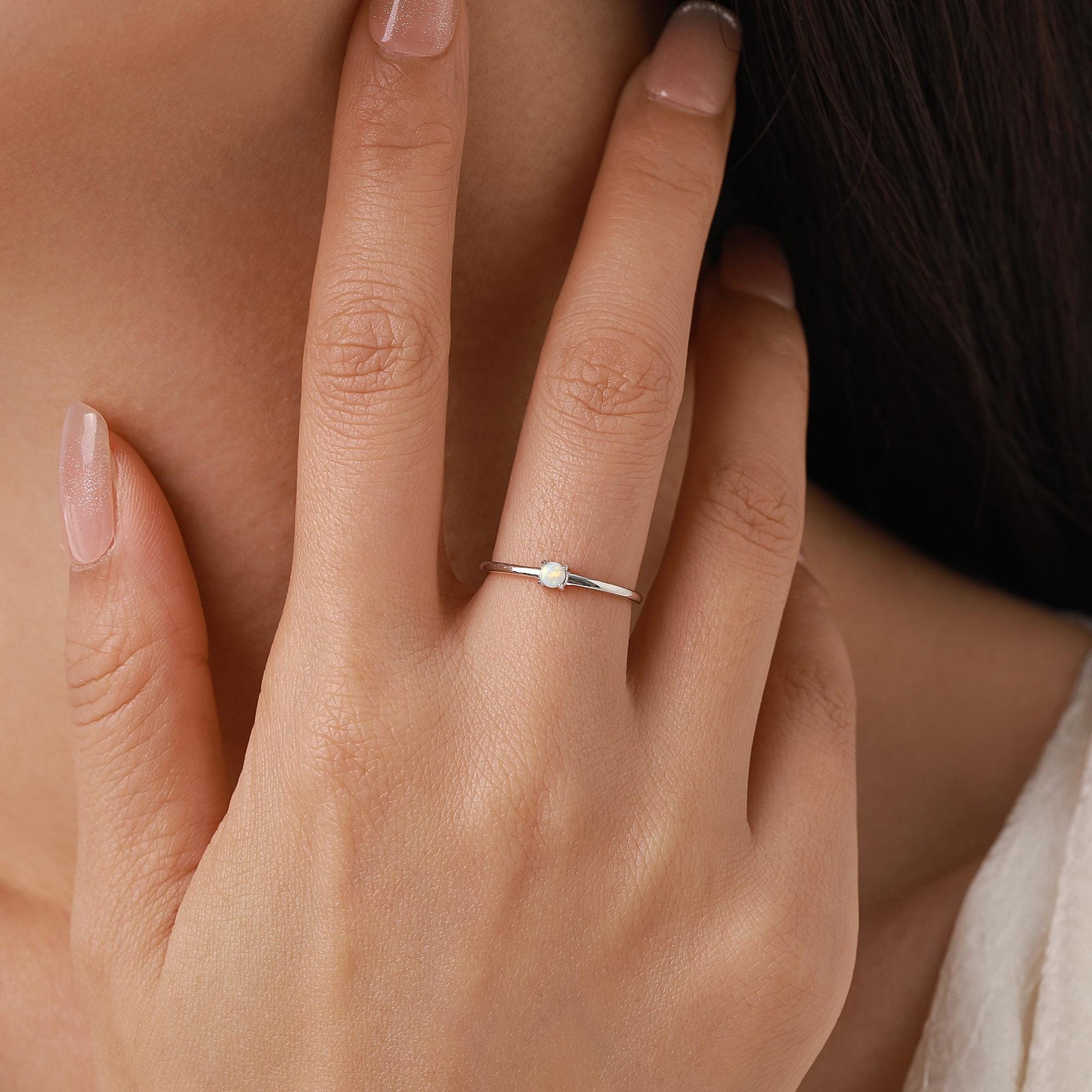 Tiny Fire Opal Ring in Sterling Silver, US 5 - 8, 3mm Opal Ring, Prong Set, Lab Opal Stone Ring, White Opal Ring, Delicate Stacking Ring,