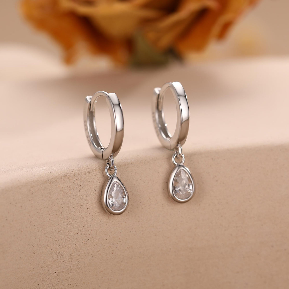 Tiny Droplet CZ Huggie Hoop Earrings in Sterling Silver, Silver or Gold, Geometric Hoop Earrings,