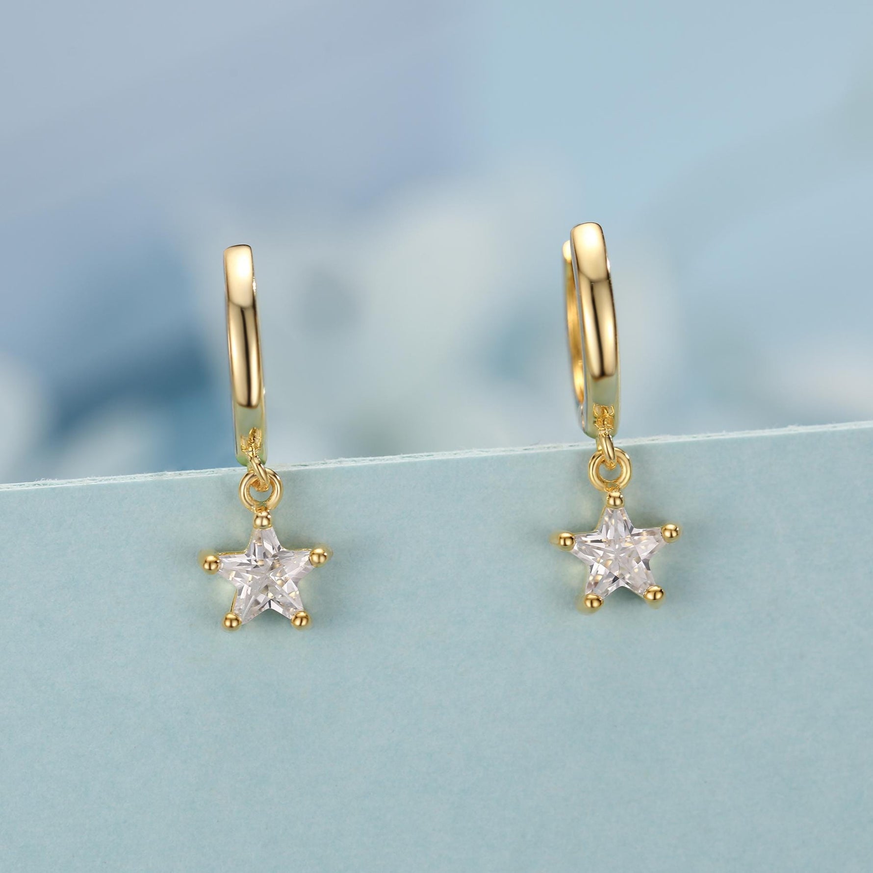 CZ Star Huggie Hoop Earrings in Sterling Silver, Silver or Gold, North Star Dangle Earrings, Sunburst Earrings, Celestial Jewellery