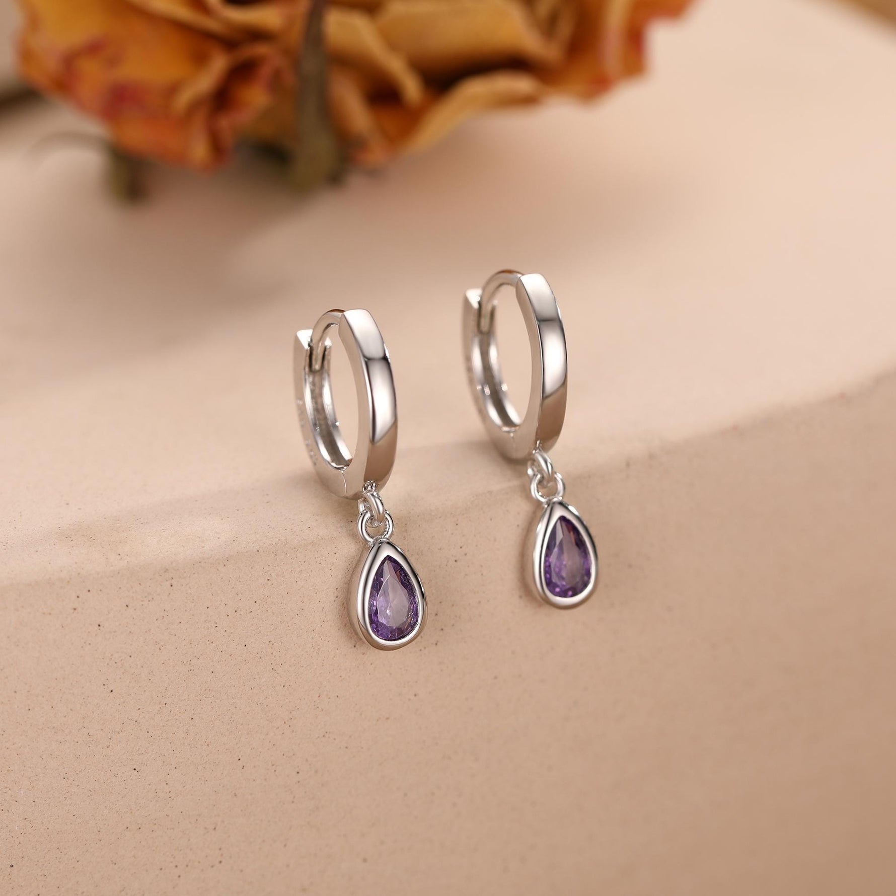 Tiny Amethyst Purple Droplet CZ Huggie Hoop Earrings in Sterling Silver, Silver or Gold, Geometric Hoop Earrings