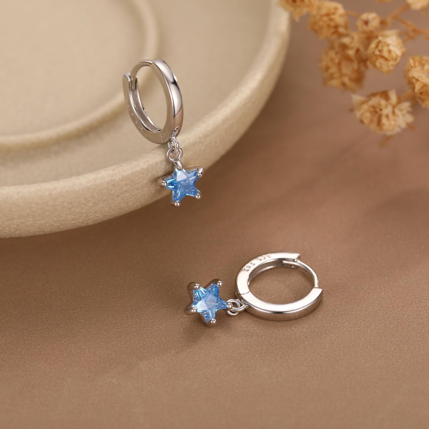 Blue CZ Star Huggie Hoop Earrings in Sterling Silver, Aquamarine Blue Star Hoops, North Star Dangle Earrings, Celestial Jewellery