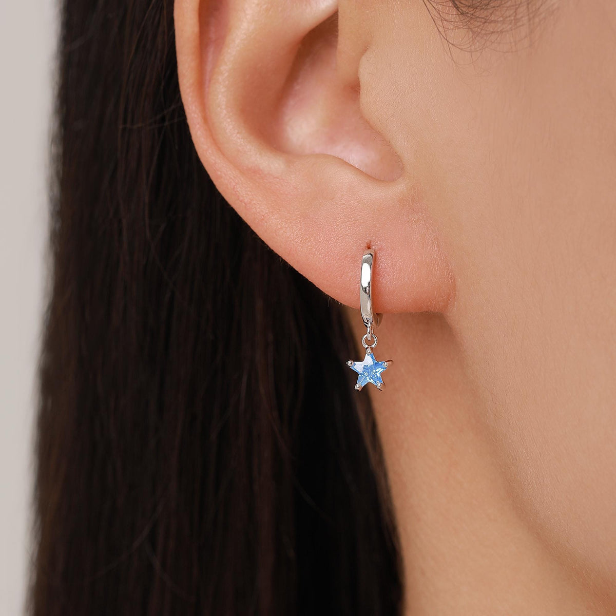 Blue CZ Star Huggie Hoop Earrings in Sterling Silver, Aquamarine Blue Star Hoops, North Star Dangle Earrings, Celestial Jewellery