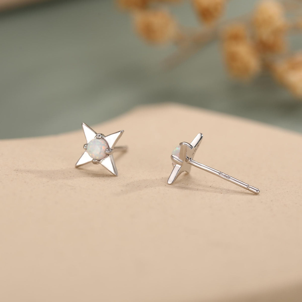 White Opal Star Stud Earrings in Sterling Silver, Silver or Gold, Four Point Star Opal Earrings, Stacking Earrings
