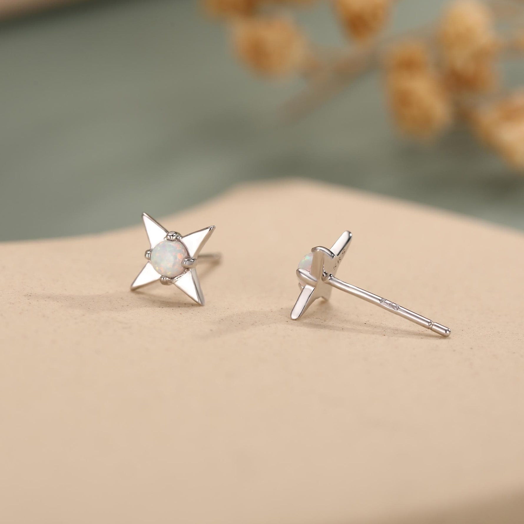 White Opal Star Stud Earrings in Sterling Silver, Silver or Gold, Four Point Star Opal Earrings, Stacking Earrings