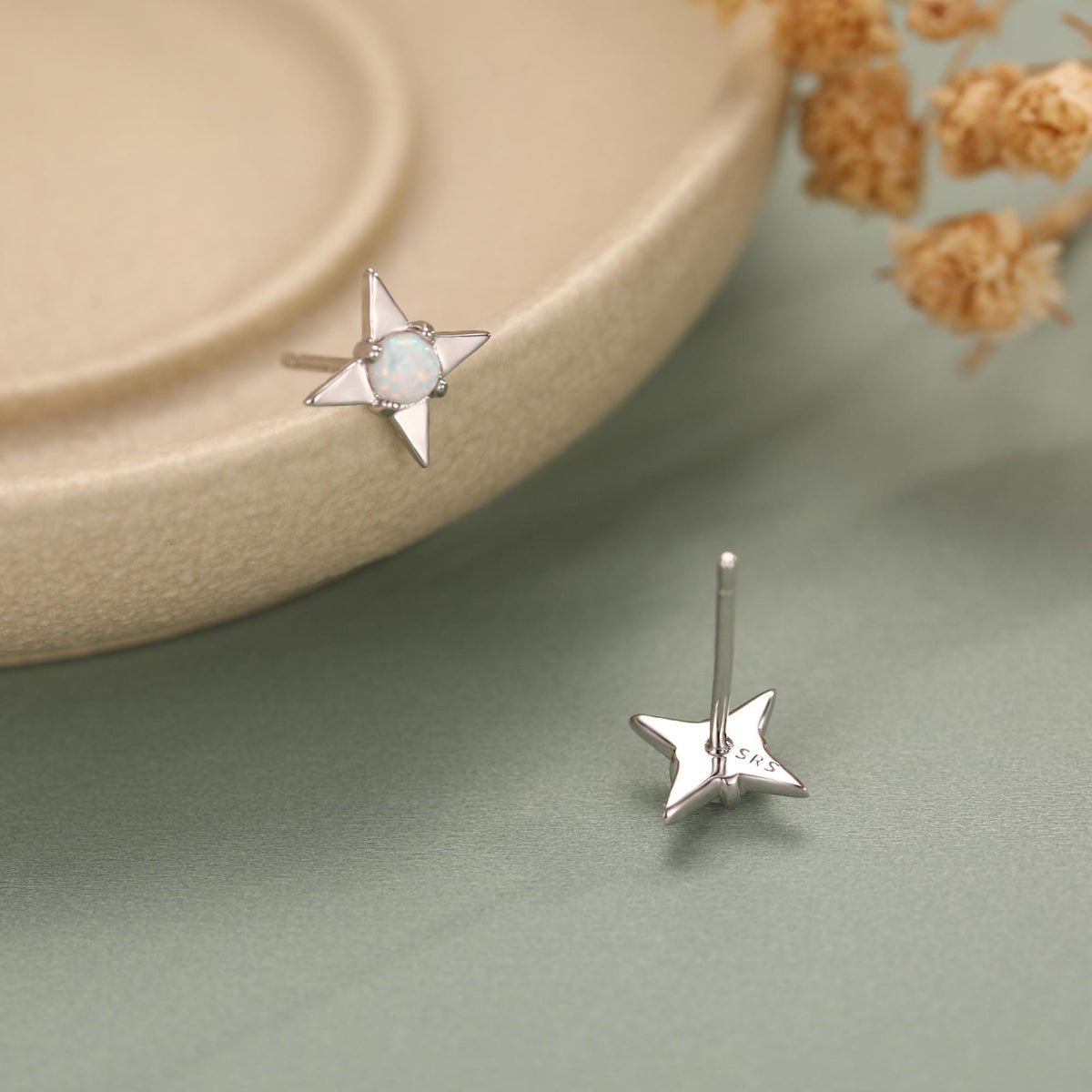 White Opal Star Stud Earrings in Sterling Silver, Silver or Gold, Four Point Star Opal Earrings, Stacking Earrings