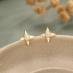 White Opal Star Stud Earrings in Sterling Silver, Silver or Gold, Four Point Star Opal Earrings, Stacking Earrings