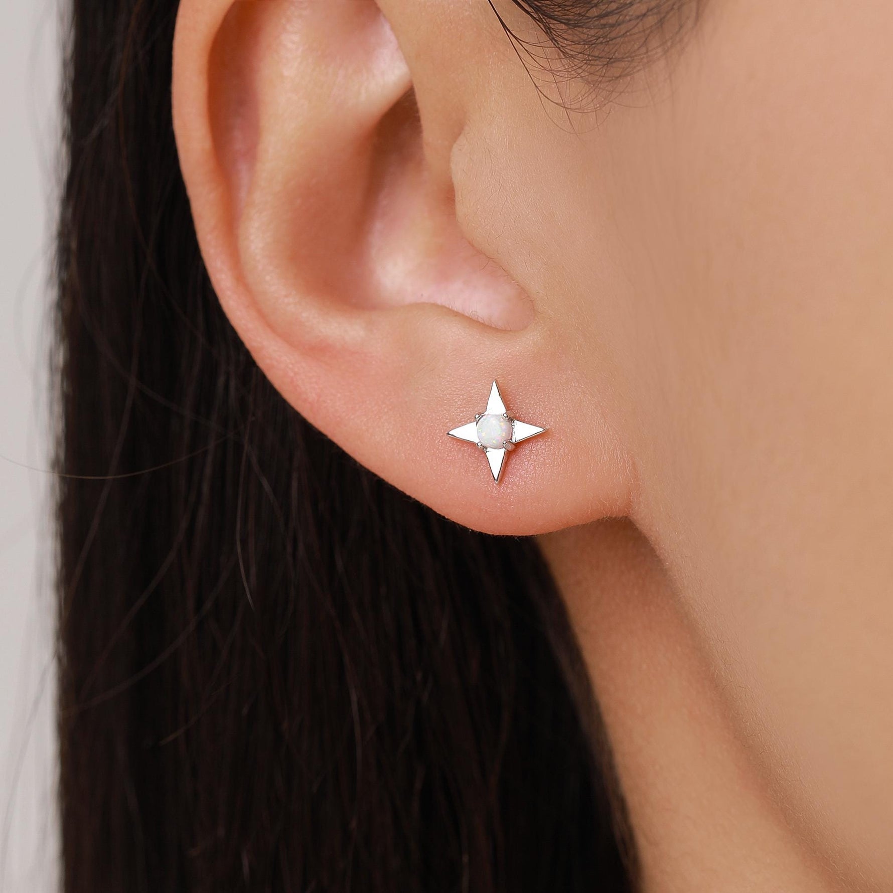 White Opal Star Stud Earrings in Sterling Silver, Silver or Gold, Four Point Star Opal Earrings, Stacking Earrings